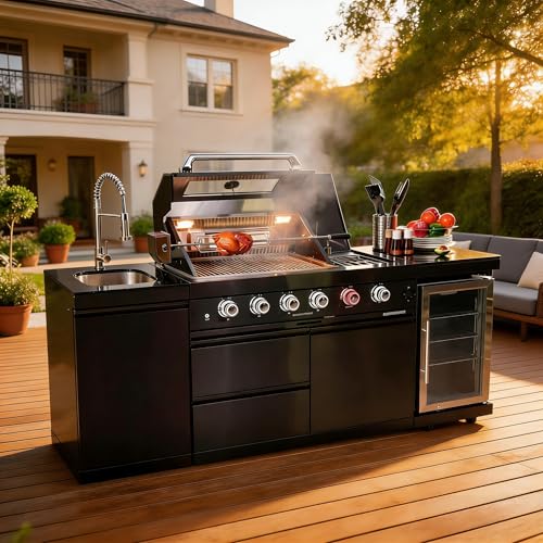 85 Inch 4-Burner 72000 BTU Natural Gas Outdoor Kitchen Island with Grill, Wine Cooler, Rotisserie Kit, Granite Countertops, Stainless Steel Sink, For Patio, Lawn, Backyard, Black