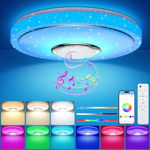 Plafoniera LED Dimmerabile Con Stelle E Luna, Diametro 45 Cm, Telecomando Incluso, Lampada Da Soffitto Per Cameretta E Soggiorno
