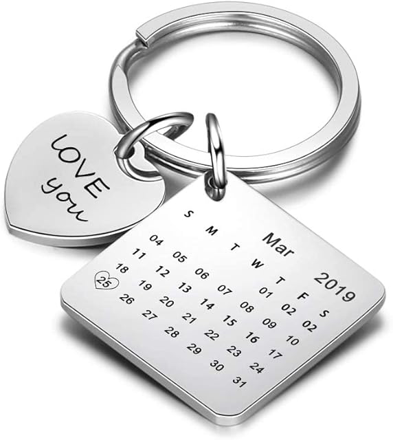 Personalised Keyring for Men Women Stylish Calendar Date Keychains for Girls Keyring Photo Holder Engraved Text Customised Birthday Wedding Gift