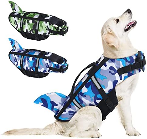 Dog Life Jacket with Shark Fin, Adjustable Pet Floatation Vest with Reflective Stripes & Rescue Handle, Life Preserver for Small Medium Large Dogs for Swimming Boating Camo Blue S