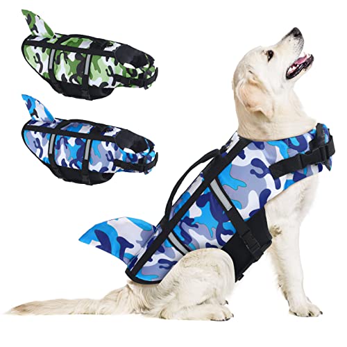 Dog Life Jacket with Shark Fin, Adjustable Pet Floatation Vest with Reflective Stripes & Rescue Handle, Life Preserver for Small Medium Large Dogs for Swimming Boating Camo Blue L Dog Life Jacket with Shark Fin, Adjustable Pet Floatation Vest with Reflective Stripes & Rescue Handle, Life Preserver for Small Medium Large Dogs for Swimming Boating Camo Blue L