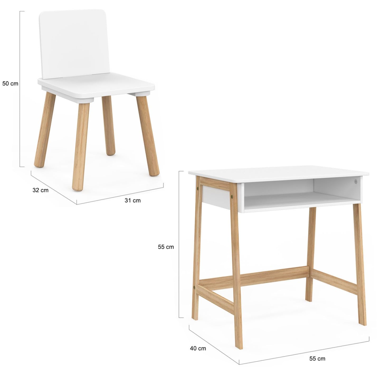 IDMarket - Set da scrivania + 1 sedia per bambini ANATOLE con nicchia bianca e legno