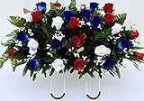 Patriotic Cemetery Headstone Flowers in Red White and Blue Roses with Flags