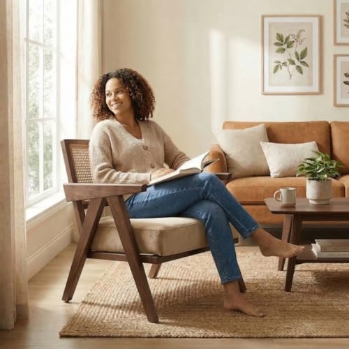 Image of Kingsman Furnitures ABEL Rattan Teak Wood Accent Arm Chair for Home Bedroom, Living, Dining, Drawing Room | Ultra Soft and Comfortable for Stress Free | Removable Cushion (KF-Walnut-Beige-Velvet)