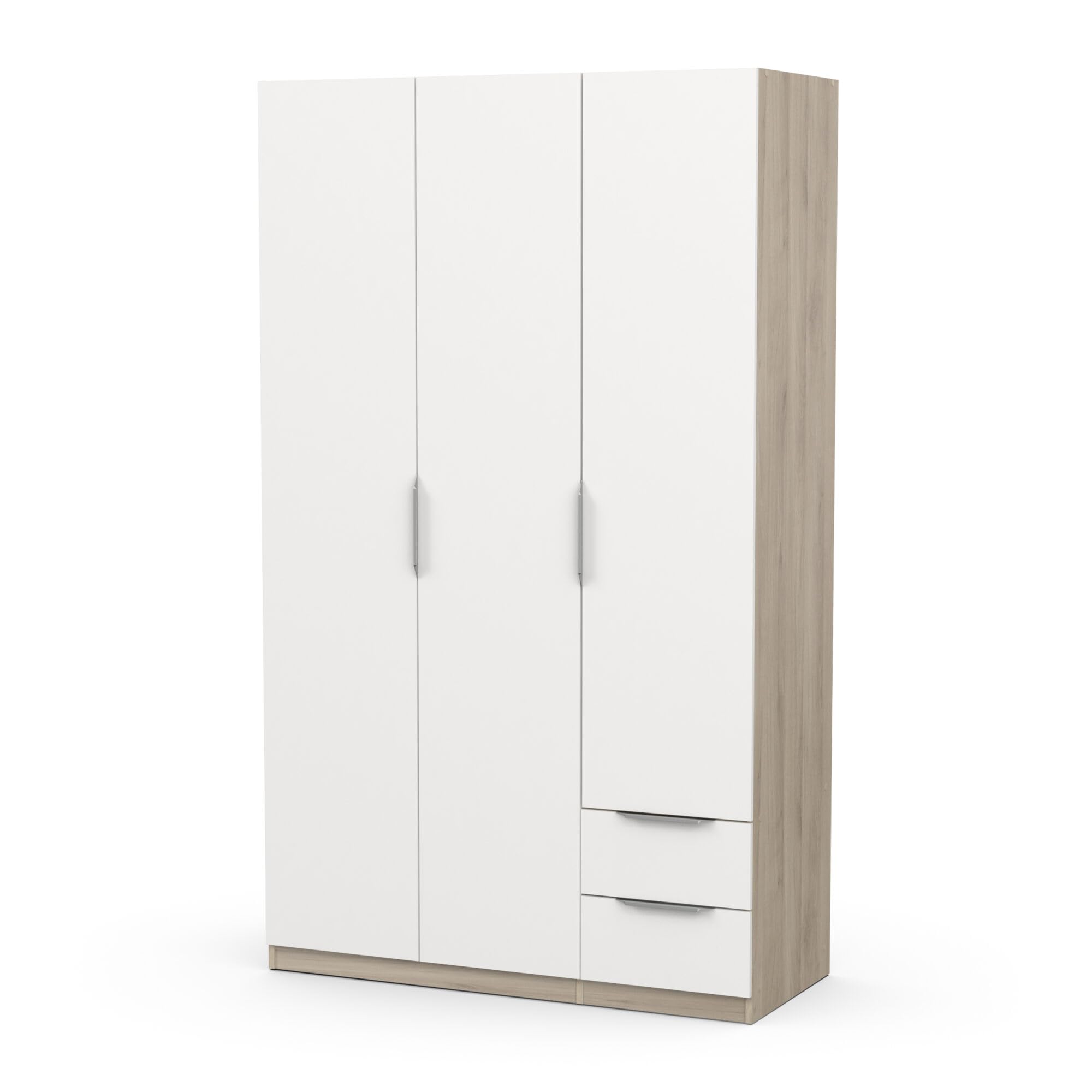 Armoire Dressing avec Penderie Moderne 3 Portes 2 Tiroirs 4 Niches – Coloris Chêne Kronberg & Blanc Mat - 119,4 x 51,1 x 203 cm