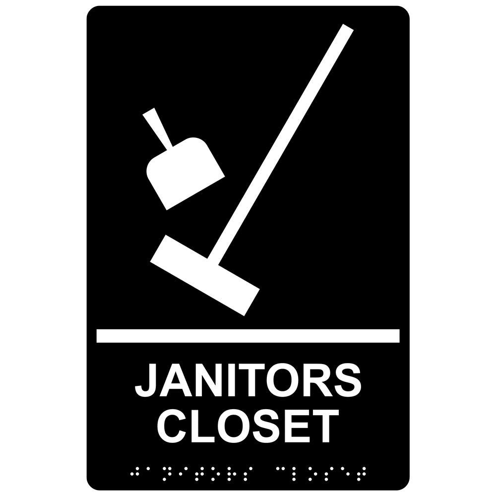 ComplianceSigns.com Janitors Closet Sign, ADA-Compliant Braille and Raised Letters, 9x6 inch White on Black Acrylic with Adhesive Mounting Strips