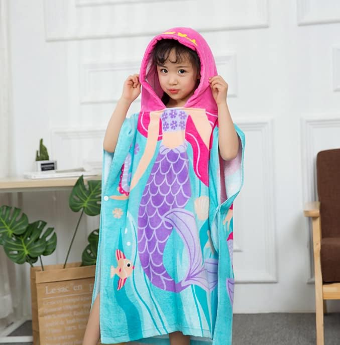 Miniatura 2 de Ponchos con capucha para niños, bata de baño 100% algodón súper suave para niños, bata cambiadora para playa, toalla de natación (L, sirena)