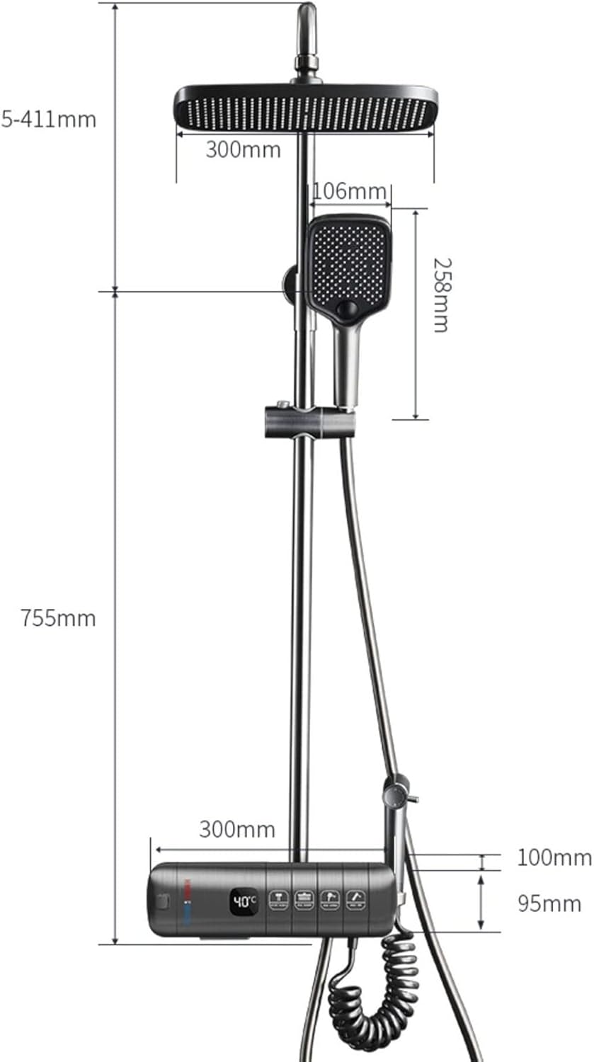Thermostatic Shower Suit Piano Key, Exposed Shower Faucet Set 4 Functions, Temperature Display Bathtub Shower Faucet Modern, Waterfall Tub Spout, Bidet Sprayer,Gun Grey