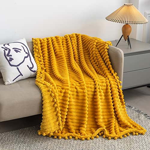 Dissa Fleece Blanket Throw Size – 51X63, Wide Stripe, Yellow – Soft, Plush, Fluffy, Fuzzy, Warm, Cozy – Perfect Throw For Couch, Bed, Sofa - With Pompom Fringe - Flannel Blanket Throw Blanket #TOP1