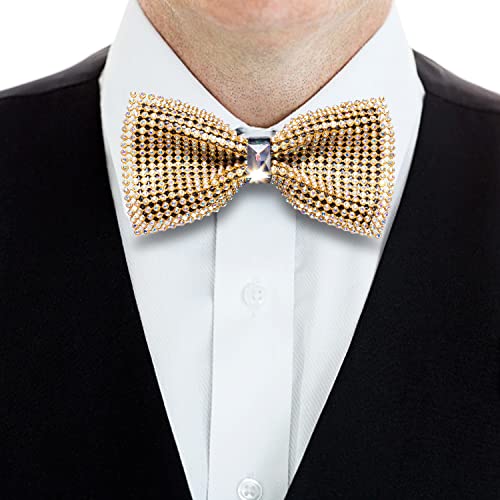 Image of Hi-Tie Pretied Bow Ties for Men Wedding Formal Bow Tie Handkerchief Cufflinks Lapel Pin Set Party Formal Mens Bowtie Set, Crystal Gold, Medium