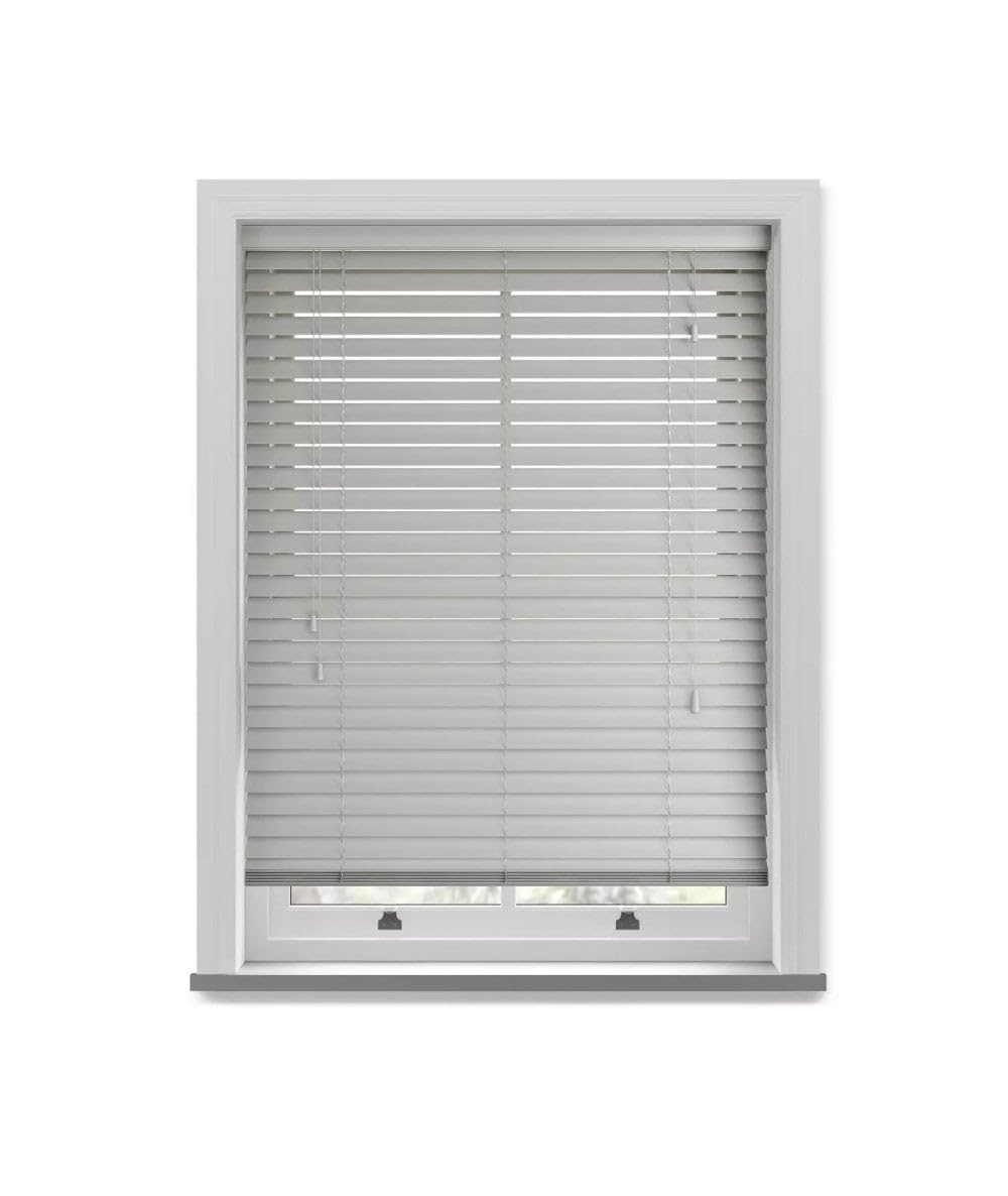 50mm Slat Grey Grained Faux Wood Venetian Blind With Strings 150cm Drop - 70cm