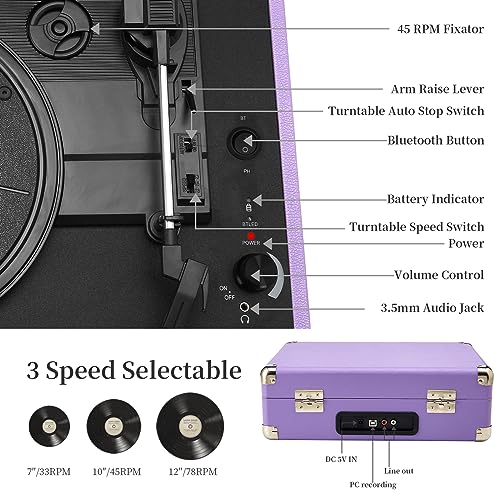 Image of Record Player 3 Speed Vinyl with Bluetooth Vintage Turntable Built in Battery Portable Suitcase Support Aux in RCA Line Out Headphone Jack Purple