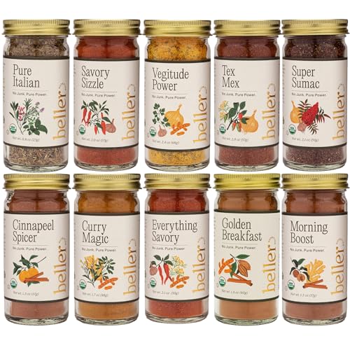 Beller Nutrition Organic Spice Blend Collection | 10-Pack | Morning Boost, Super Sumac, Tex Mex, Vegitude, Cinnapeel, Everything Savory &amp; More | No Salt Added, No Artificial Ingredients, USDA Organic Seasonings for Cooking &amp; Baking