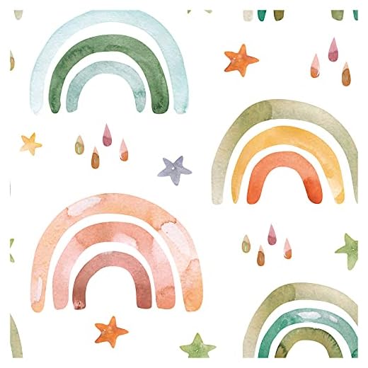 HAOKHOME 99027 Peel and Stick Wallpaper Cute Rainbow Raindrop Stars White/Orange/Green Removable for Nursery Kids Bedroom Decor 17.7in x 118in