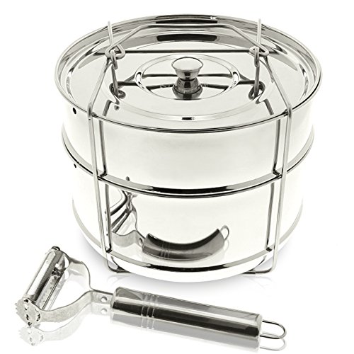 Stackable Steamer Insert Pans - With Sling - 100% Stainless Steel - Includes Peeler + eBook + Interchangeable Lid