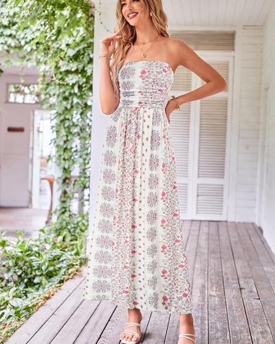Image of GRACE KARIN Women Strapless Dress Casual Loose Ruched Long Maxi Dress with Pockets
