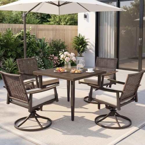 Image of NATURAL EXPRESSIONS Outdoor Dining Set,Patio Table and Chairs Set with 4 Rattan Wicker Swivel Chairs,5 Piece Patio Dining Set for 4,36.6 inch Woodgrain Table with 1.65 inch Umbrella Hole,Patio Sets for Yard