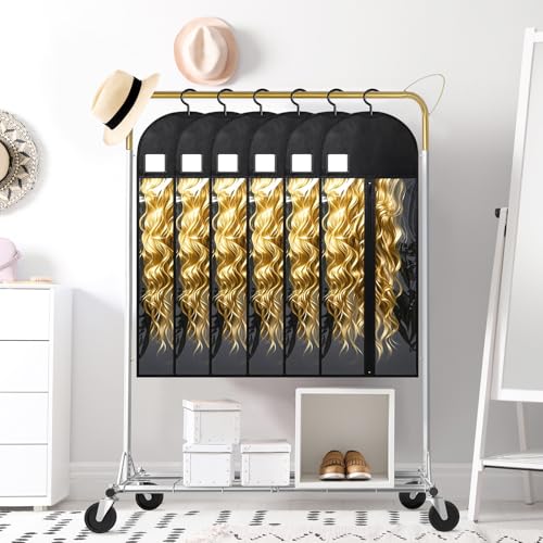 6Pcs Extra Long Wig Storage Bags with Hanger Hair Extension Wig Storage Hanger Bags for Multiple Wigs with Tags Organizer Dust-Proof Wigs Bag Home Travel Closet Wigs & Accessories (Black 31.5in) by YUJIASH - Image 4