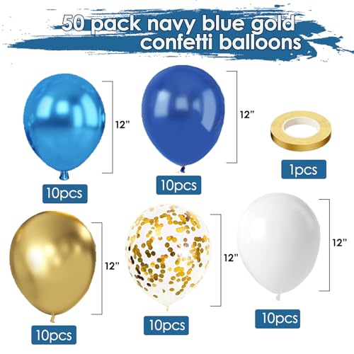Image of Navy Blue and Gold Confetti Balloons - 50pcs 12 Inch Metallic Blue Gold Matte White Latex Balloons with 33 Feet String for Birthday Wedding Gender Reveal Party Decorations