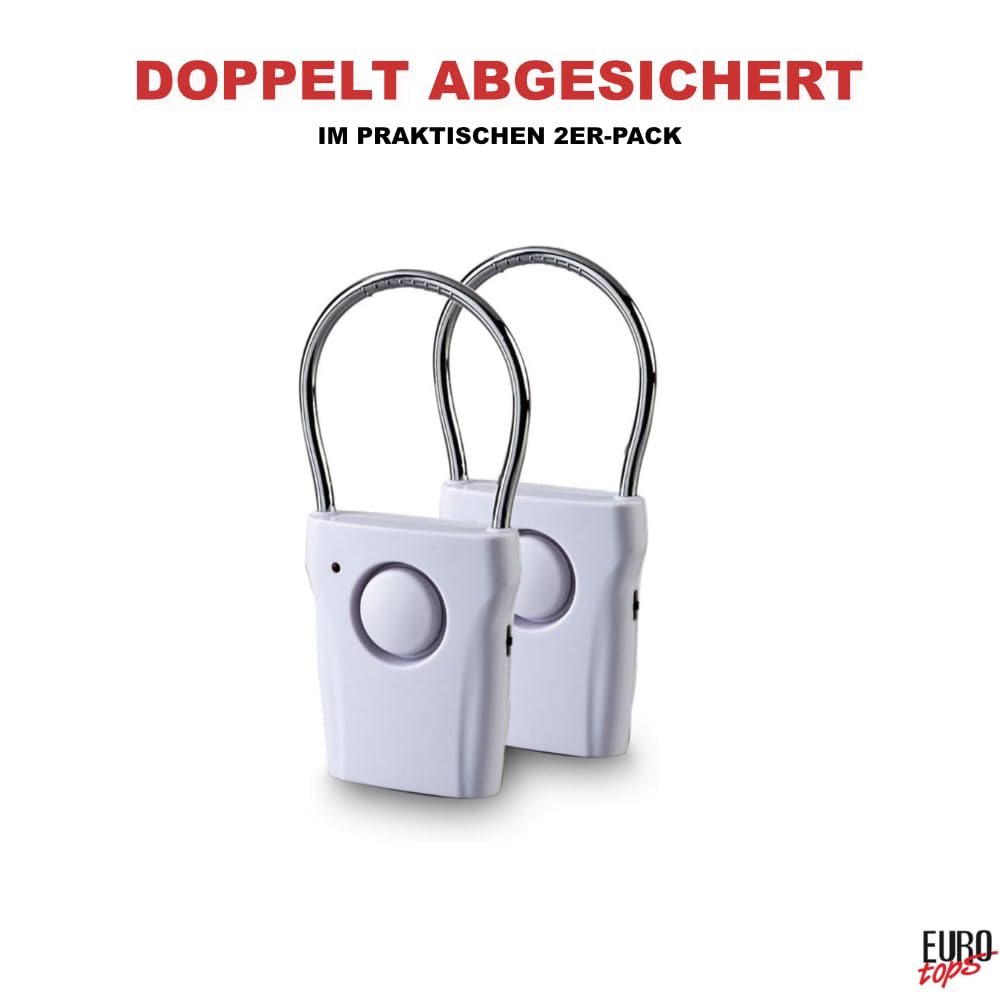 EUROtops Alarm électronique pour poignée de porte – Lot de 2, Alarme de porte et fenêtre avec 110 dB/Carillon, 1500 heures d'autonomie de la batterie, capteur tactile pour la maison/chambre d'hôtel