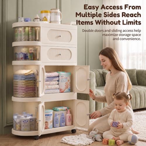 Image of StarAndDaisy Baby Storage Trolley with Wheels, 4-Tier Plastic Nursery Organizer with Drawers, Multipurpose Storage Rack for Baby Essentials, Diapers, Clothes, Toys (Transparent, Storage Cart)