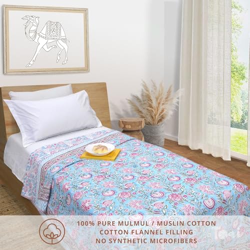 Image of TOAIArt Premium Jaipuri Dohar | AC Blanket Summer Quilt | Hand Block Printed | 3 Layers | Reversible | 150GSM 100% Mulmul Cotton | 100% Cotton Flannel Filling | Single 60 inch X 90 inch |Pink Florals on Blue