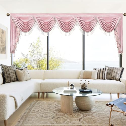 Leeva Grand Pink Velvet Waterfall Valance 138 Inches Wide, Luxury