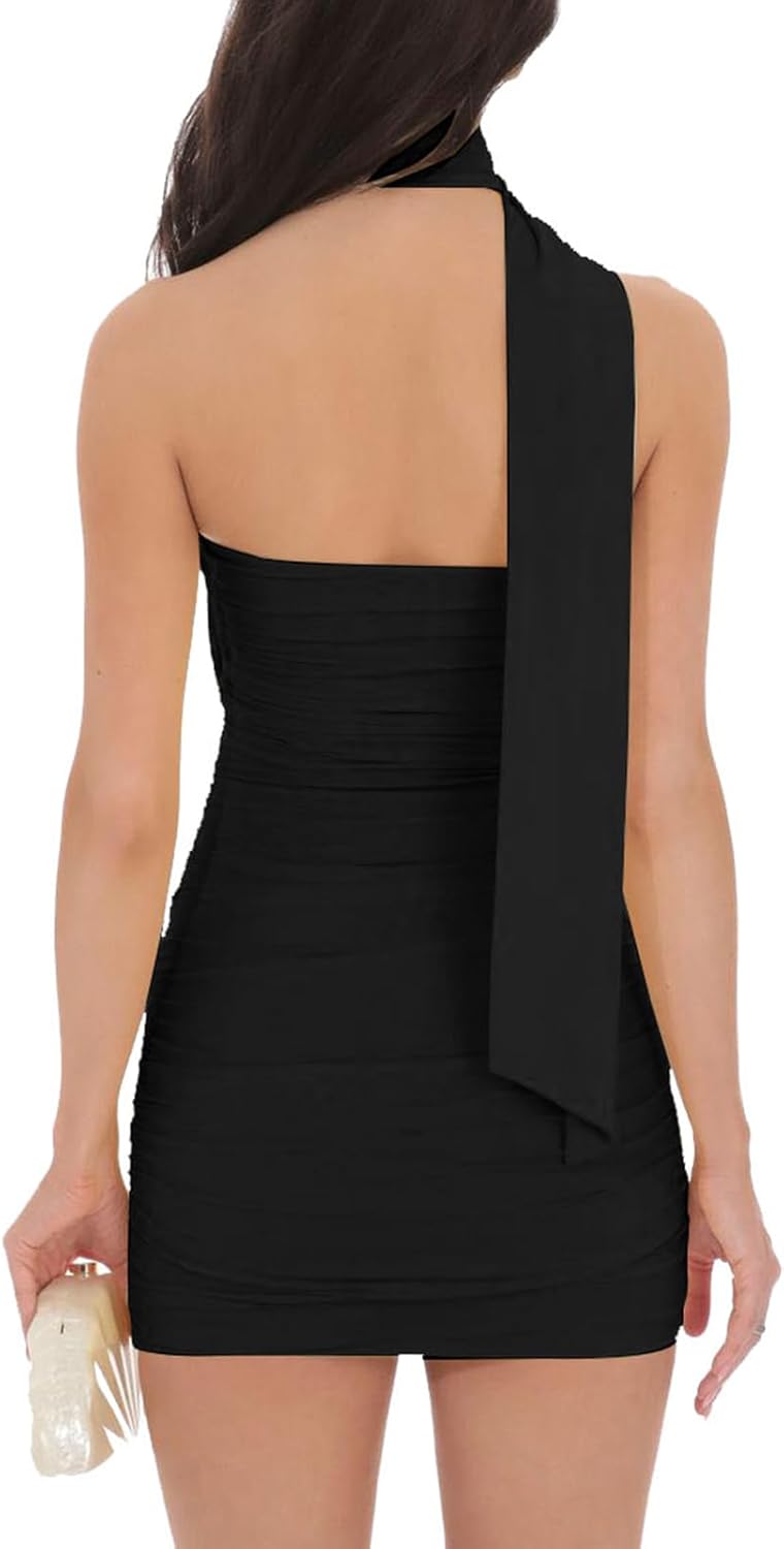 oten Women's Tube Dress with Scarf Tight Ruched Bodycon Short Club Y2k Night Out Party Mini Dresses