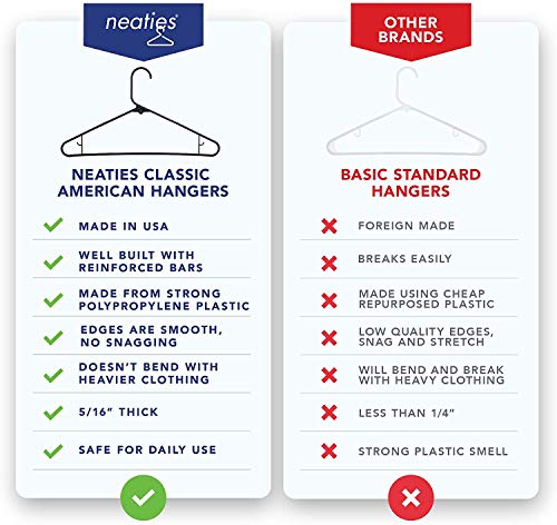 Neaties Made in USA Black Plastic Hangers with Hooks, Heavy Duty Plastic Clothes Standard Hangers, 15pk