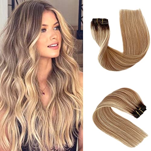 Clip in Hair Extensions Remy Medium Brown to Golden Brown with Bleach Blonde Balayage Hair Extensions Clip in Straight Ombre Real Hair Extensions Natural Hair 22 inch 70g for Women