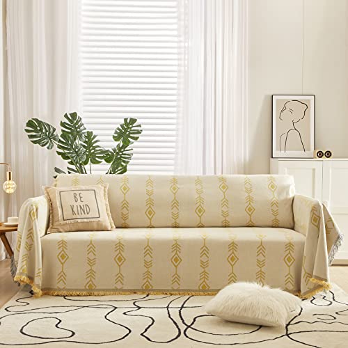Handontime Boho Dog Couch Cover Yellow Geometric On Beige Sofa Covers Farmhouse Sofa Slipcover Simple Couch Protector For Dogs Chenille Sectional Couch Covers Aztec Couch Cushion Covers, 71"X 134" #TOP16