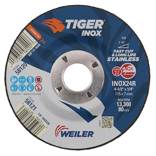 Image of Weiler 58121 4-1 /2 inch x 1 /4 inch Tiger INOX Type 27 Grinding Wheel, INOX24R, 7 /8 inch A.H. (Pack of 10)