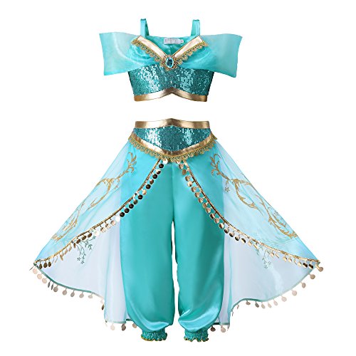 Pettigirl Girls Teal & Gold Princess Dress Up Costume 2Piece Pants Outfit, 110cm
