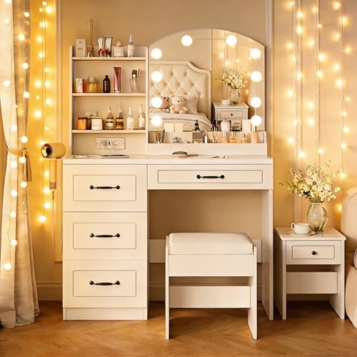 Image of Vabches Vanity Desk with Mirror and Lights,3 Lighting Colors Makeup Dresser