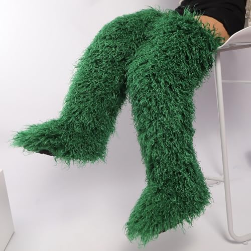 Image of Black Thigh High Fur Boots, Over the Knee Fluffy High Boots, Tall Furry shoes for Women