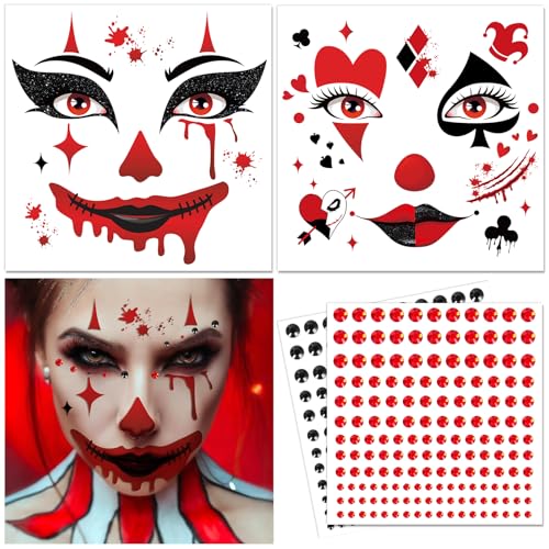 DPKOW Tatuajes de Caras de Payasa con Gemas Faciales Adhesivas, Halloween Tatuajes Temporales Payasa Accesorios para Disfraces de Halloween Maquillaje para Hombres Mujeres y Niños Tatuajes Falsos