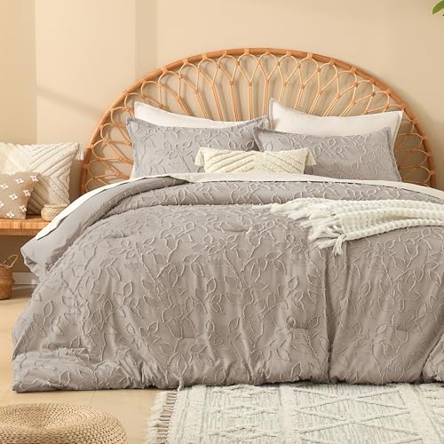 Image of Litanika Queen Size Comforter Set Light Coffee, 3 Piece Cream Boho Tufted Bedding, Fluffy Farmhouse Bed Set for All Season with 2 Leaf Pattern Pillowcases(90x90In)