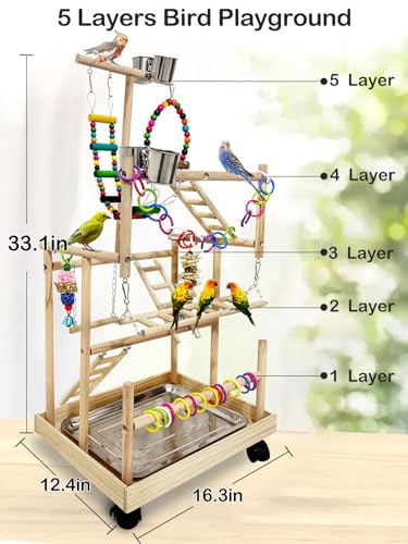 Niwaes 5 Layers Large Bird Playstand with Wheel, Natural Wood Parrot Playground, Parakeet Perch Stand Small Bird Playgym with Ladder Toy Accessories for Cockatiel Cockatoo Finch Budgie Lovebird - Thumbnail 2