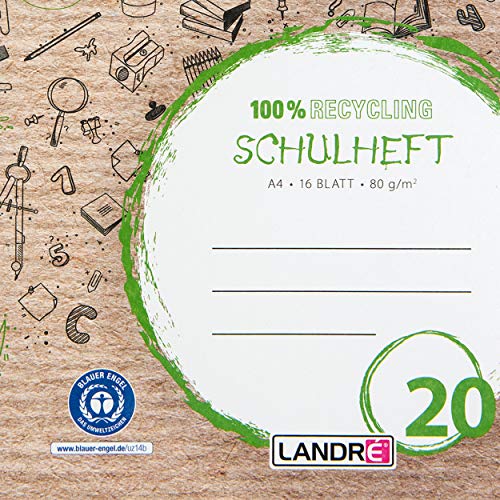 Landré Schulheft A4 Recycling, 16 Blatt, Lineatur 20, blanko, 10 Stück
