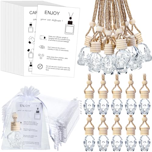 Image of Boao 25 Sets Halloween Hanging Car Air Freshener Diffuser Bottles Empty Bulk with Car Diffuser Instruction Card Organza Bags Glass Refillable Essential Oil Fragrance Aromatherapy Pendant(Skull, Clear)