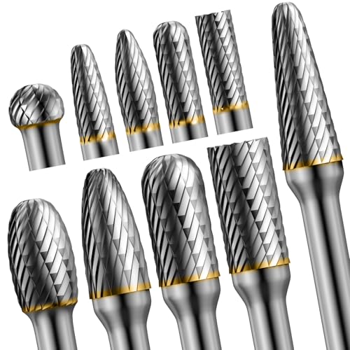 10pcs Die Grinder Bits w/ 1/4' Shank, Tungsten Carbide Burr Set for Metal Steel Stone Wood Working Grinding Carving Engraving Deburring Cutting Porting