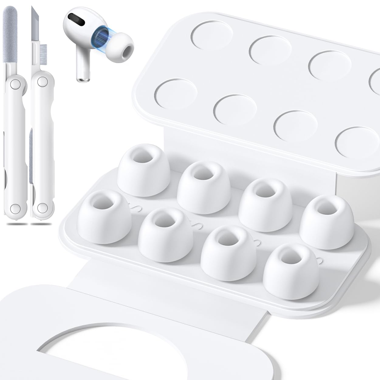 4 Pairs Replacement Ear Tips for Airpods Pro 1/2 with Hole for Noise Reduction, Silicone Earplugs for Airpods Pro with Cleaning Set & Portable Storage Box, 4 Sizes (XS/S/M/L) White — view 11