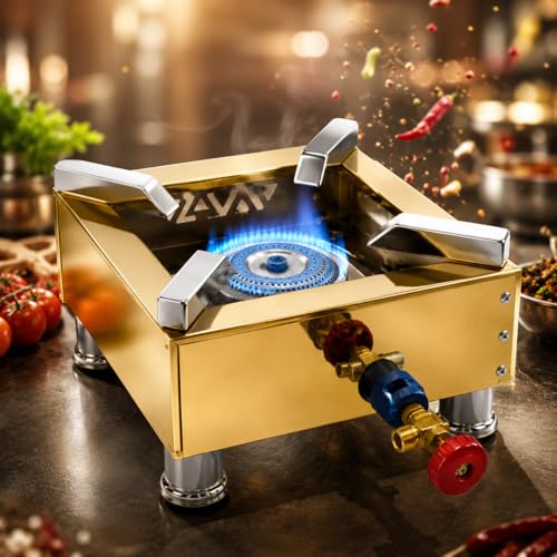 Image of Square Catering Burner 10x10 Inch LPG Gas Stove Commercial Stove Heavy Duty Gold Stainless Steel Portable Cooking Burner