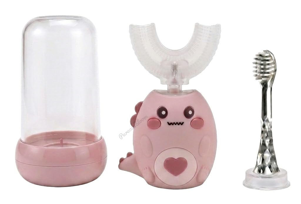Brosse à Dents Électrique Enfant Fille 3-10 Ans - Kit 2-en-1 Tête Silicone U & Précision, Technologie Sonique, Base Stérilisateur UV, Gobelet, Étanche IPX7 - Design Dinosaure (Rose)