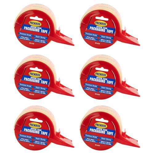 PackRite Crystal Clear Packing Tape with Dispenser, 6 Rolls of Heavy Duty Shipping and Moving Packaging Tape, 2 Inch x 40 Yards Each (240 Yards Total)