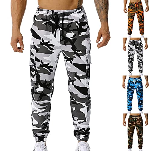 Yundan Men's Fashion Camouflage Print Jogging Pants Casual Mid Waist Drawstring Workout Active Sweatpant Swaterproof Pants, White, X-Large #TOP4