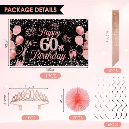 60th Birthday Decorations for Women, Rose Gold 60 Birthday Crown and Sash, Black and Pink 60 Years Banner Balloons Backdrop Hanging Swirls Paper Fans, 60 Years Old Party Supplies (60th) by Ryzovo - Used condition - Image 2