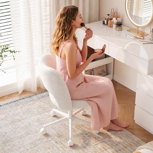Image of DurayLoly Vanity Chair with Open Back & Wheels,Armless | Fluffy Teddy Fabric ,Armless, Height Adjustable, for Makeup Room, Bedroom,Cream
