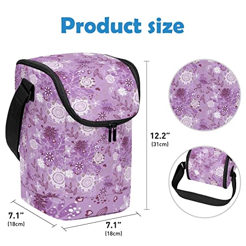 Lonchera grande de flores moradas con correa ajustable para hombro 4