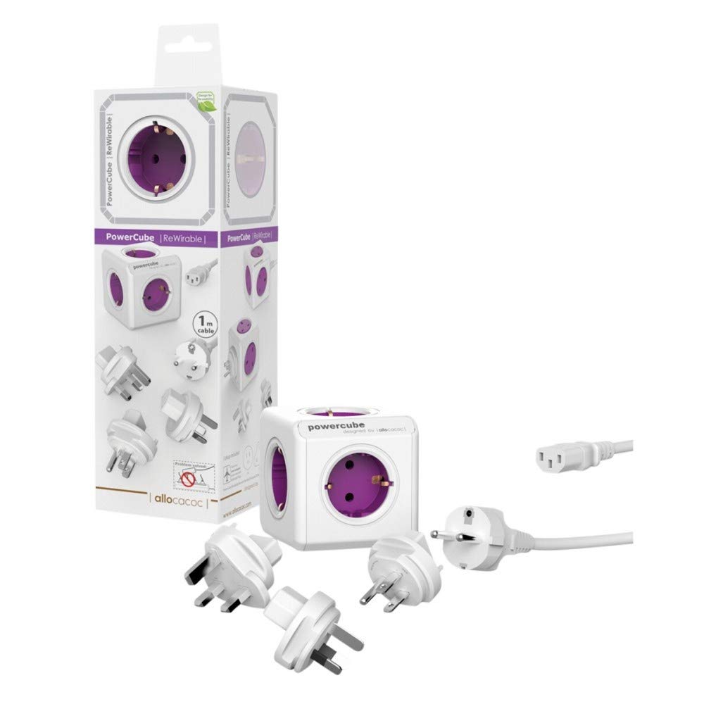 Allocacoc 1801/DERW PowerCube ReWirable Travel Plugs mit DE Kabel, Reiseadapter und 5X Verteiler, 230V Schuko